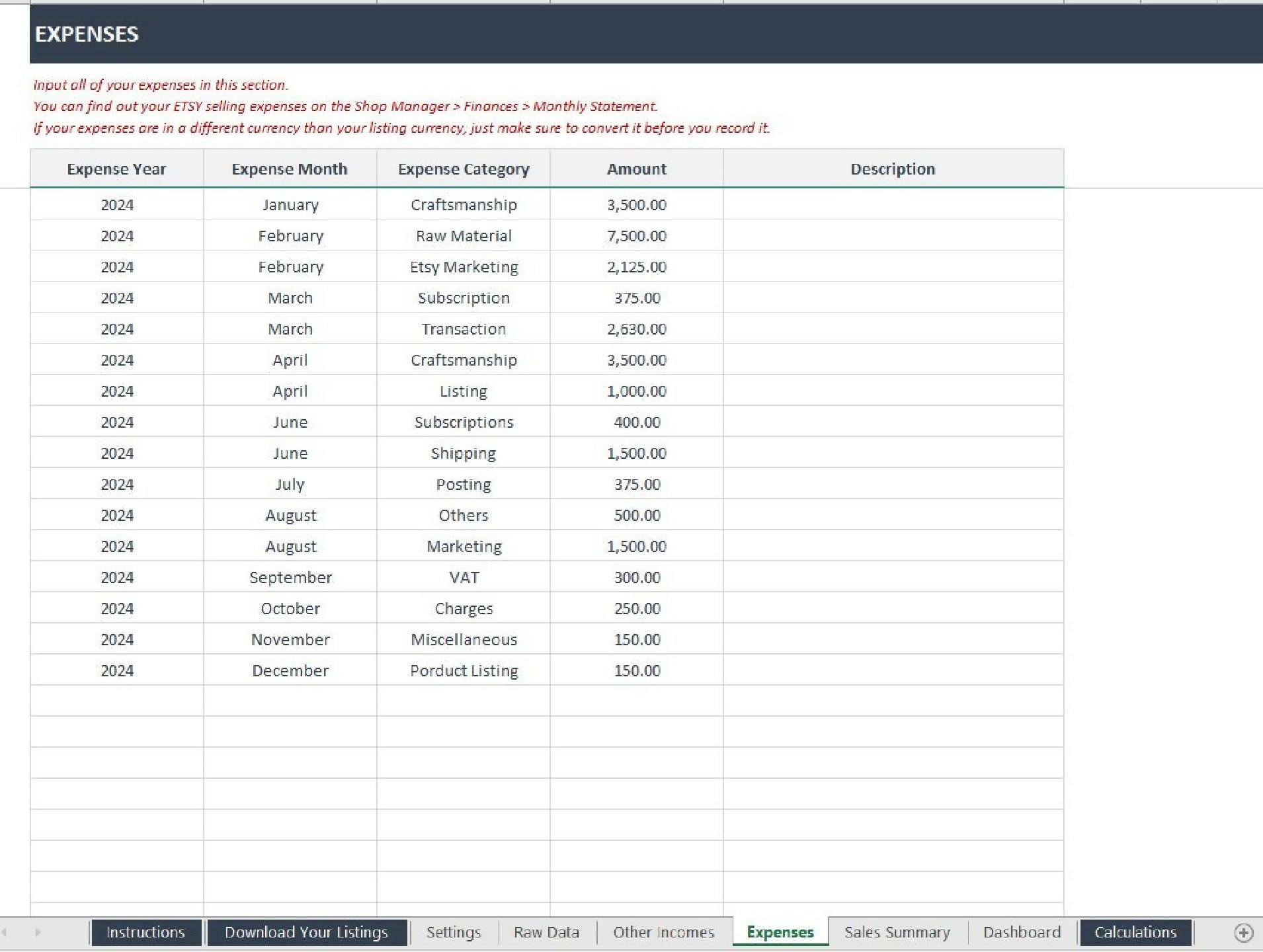 Etsy Seller Excel Template