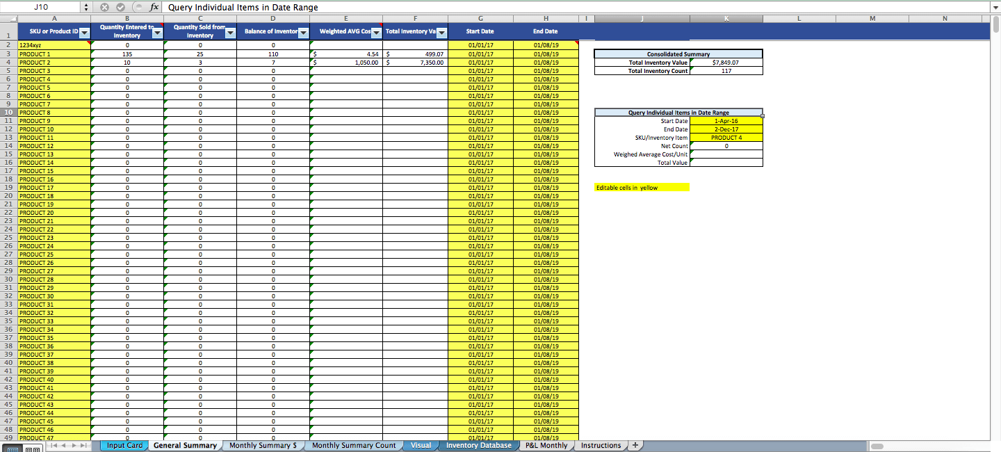 Inventory Tracking Excel Template Single Location COGS Logic
