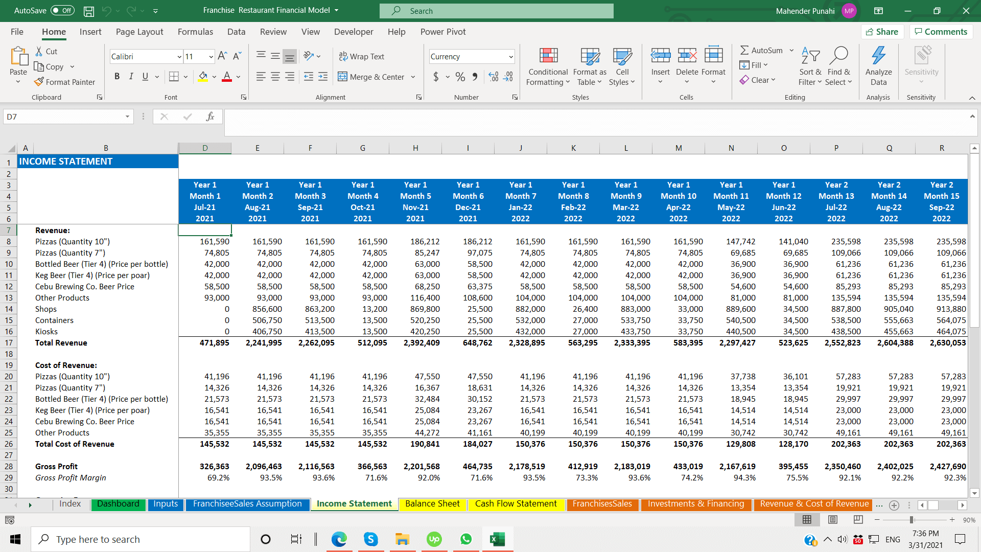 Franchise Restaurant Excel Financial Model Template - Templarket.com